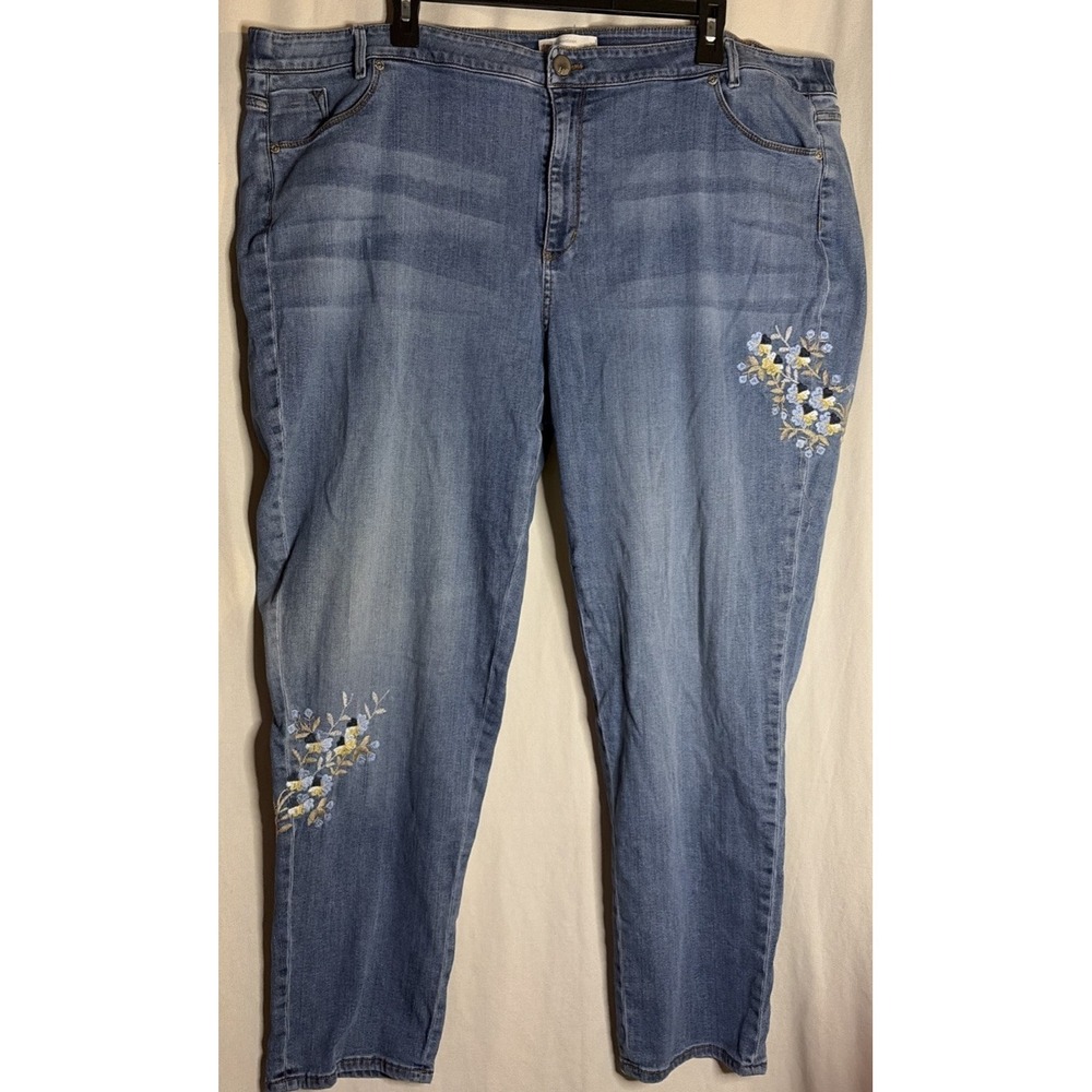 J. Jill Embroidered Weekender Blue Jeans Straight Leg Boho Coastal Grandma Sz 24
